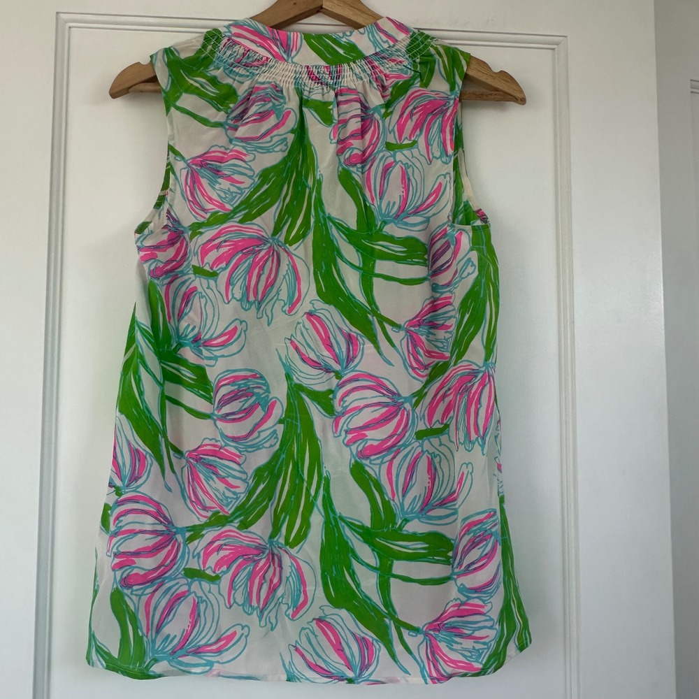 Lilly Pulitzer Houston Top Ring the Bellboy Silk Sleevless Tulips Pink Green‎ S - Picture 10 of 11
